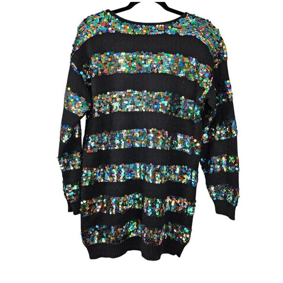 🔥Michelle Stuart Rainbow Sequins Stripe 80's Vintage Black Tunic Knit Dress - Picture 4 of 5